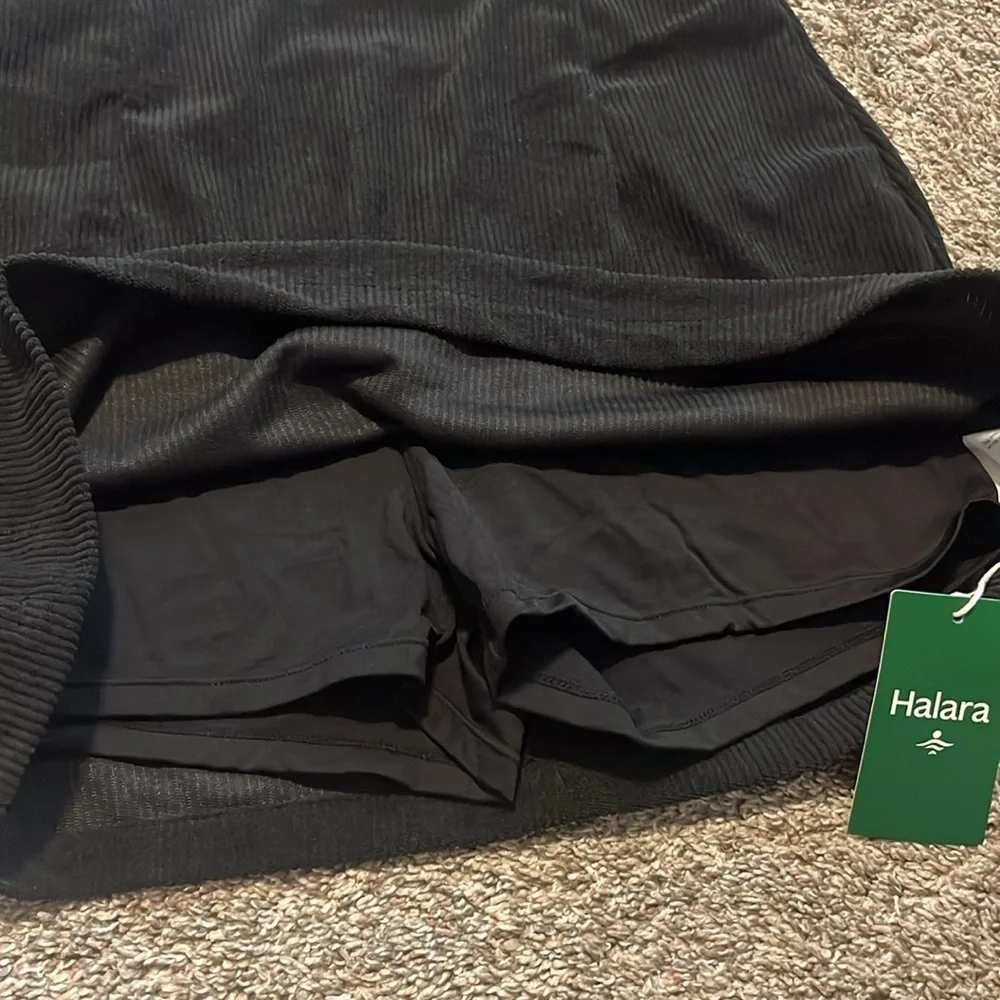 Halara High Waisted Invisible Zipper 2-in-1 A Line Mini Corduroy Black Skirt Med